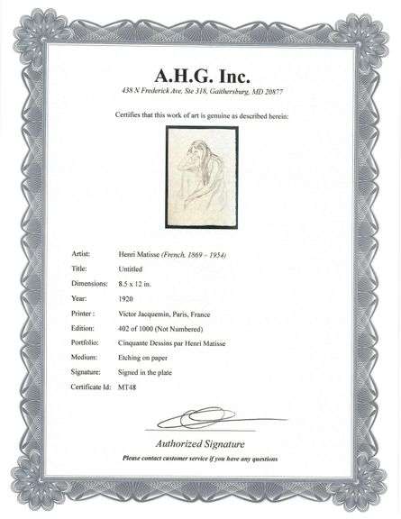 Very rare Henri Matisse etching signed in the plate, C.1920, from the series of Cinquante Dessins