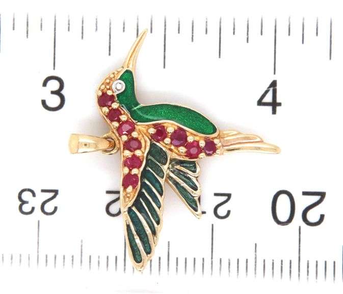 14kt Yellow gold ruby and enamel bird pendant