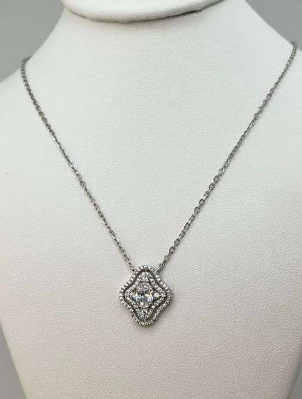 925 Sterling Silver Oval Shape Center Crystal Pendant With Doble Halo Design Necklace