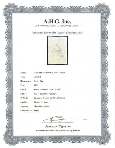 Very rare Henri Matisse etching, C.1920, from the series of Cinquante Dessins