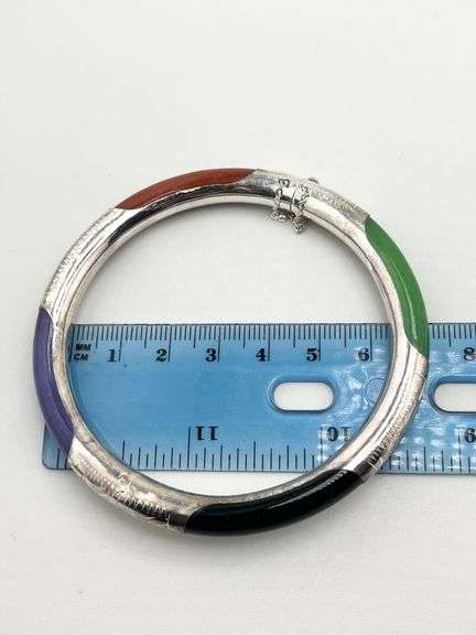 925 Sterling Silver Kwan Collection Hinged Bangle With Multi Color Jade Detail