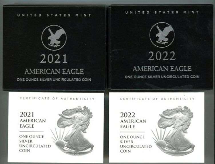 Perfect Gem BU 2021-W & 2022-W $1 Silver Eagles. Box/COA's