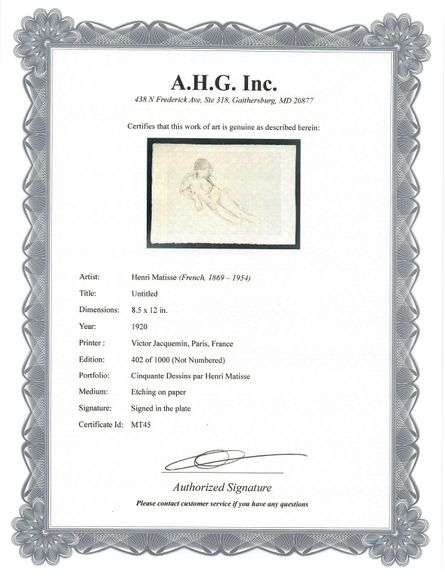 Very rare Henri Matisse etching signed in the plate, C.1920, from the series of Cinquante Dessins