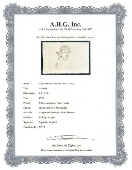 Very rare Henri Matisse etching signed in the plate, C.1920, from the series of Cinquante Dessins