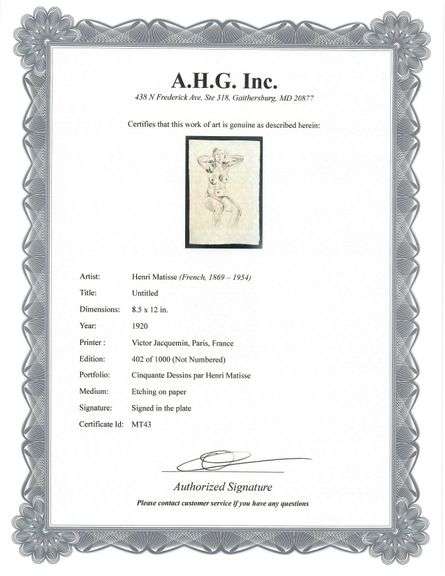 Very rare Henri Matisse etching signed in the plate, C.1920, from the series of Cinquante Dessins