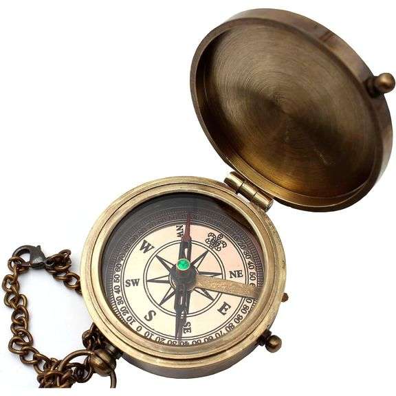 Brass Pocket Navigation Calendar Compass with Chain