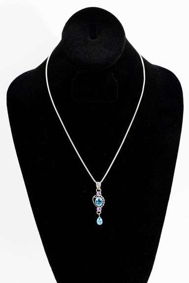 .925 Sterling Silver Pendant w/ Blue Topaz & Amethyst Gemstones