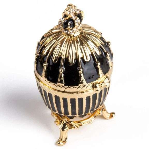 3" Ribbed Black & Gold Fabergé Egg Replica Jewelry Box – Easter Gift, Collectible Russian Egg