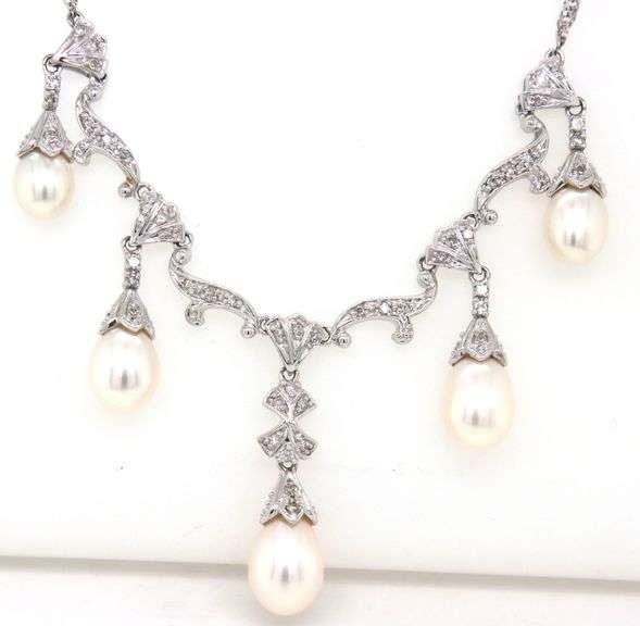 Vintage style pearl drop and diamond accent necklace
