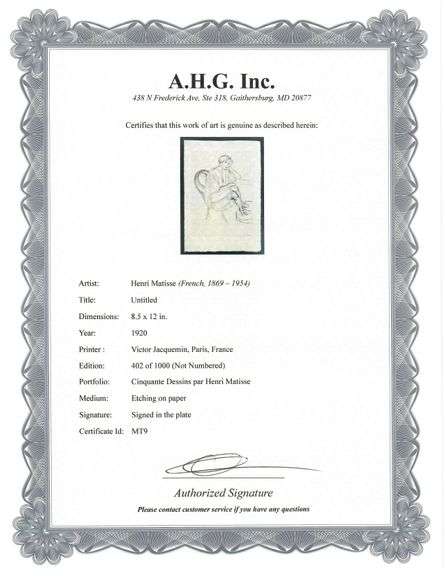 Very rare Henri Matisse etching signed in the plate, C.1920, from the series of Cinquante Dessins