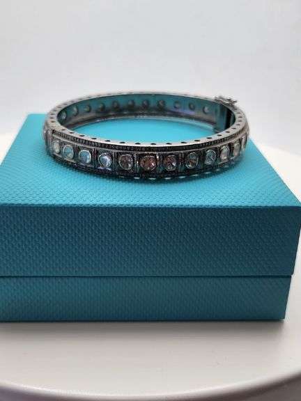 Old Fashion Sterling Silver Mine Cut Diamond Bangle Bracelet