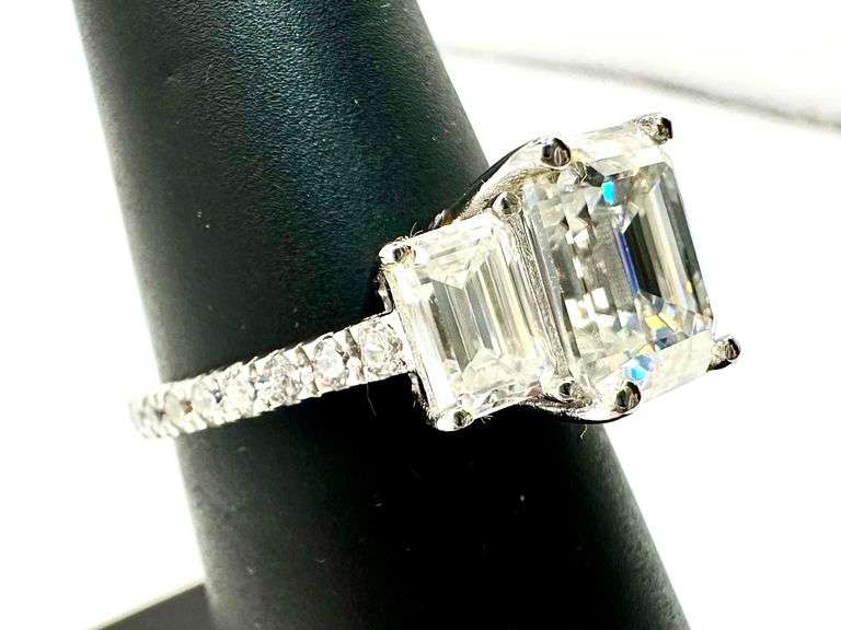 Sparkling 5.5 Ctw 3 Stone Emerald Cut Ice White Fire Moissanite Ring