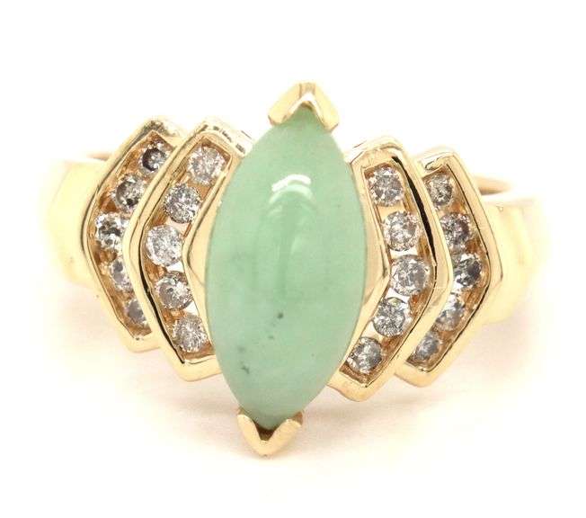 14kt Yellow gold marquise Jade and channel set diamond ring