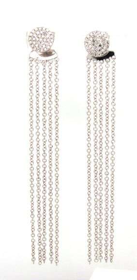 14kt White gold pave diamond stud earrings with fringe jacket earrings