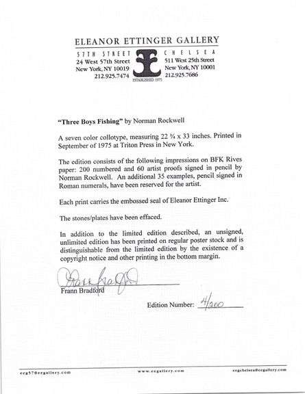 Exclusive Norman Rockwell Signed Limited Edition Lithograph "Three Boys Fishing" with Pubilshers Cer