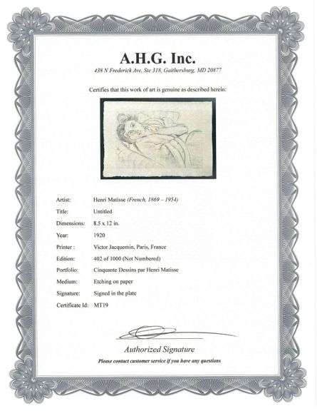 Very rare Henri Matisse etching signed in the plate, C.1920, from the series of Cinquante Dessins