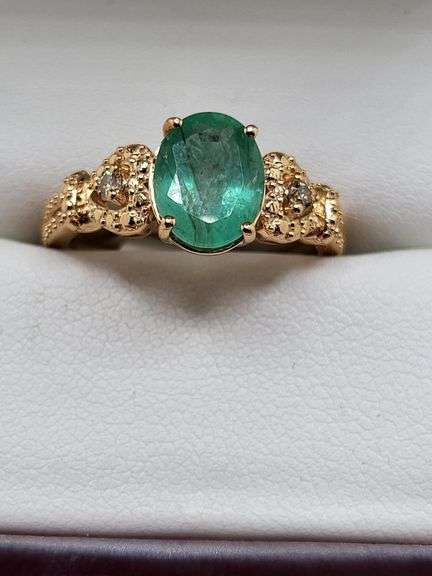 Very fine one Emerald ring in silver 14k gold plated with diamond accent