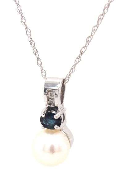 14kt White gold 7mm pearl, sapphire and diamond pendant on chain