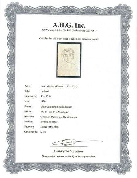 Very rare Henri Matisse etching signed in the plate, C.1920, from the series of Cinquante Dessins