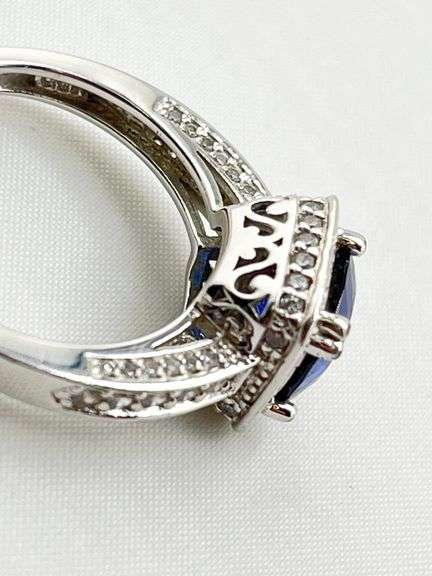 925 Sterling Silver Two Carat Blue Sapphire With CZ Halo ring