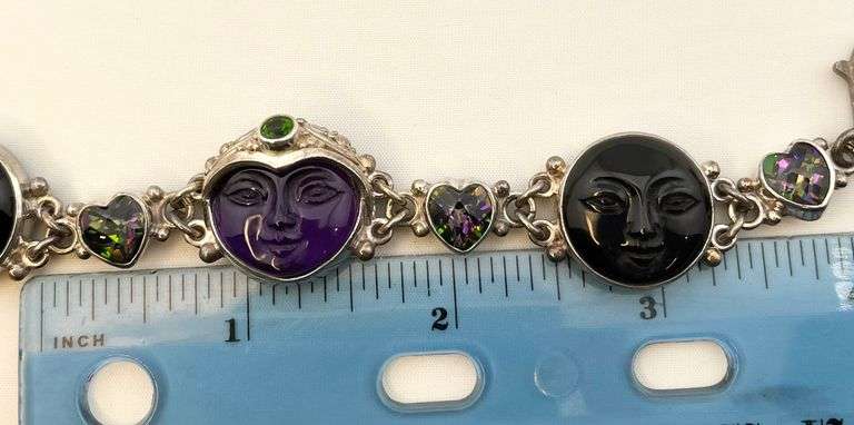 925 Sterling Silver Signed Sajen Hand Made Carved Amethyst And Mystic Topaz Accent Bracelet
