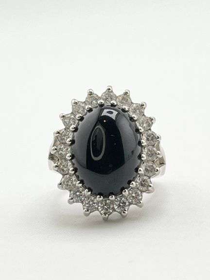 925 Sterling Silver Large Black Onyx With CZ Halo Ring