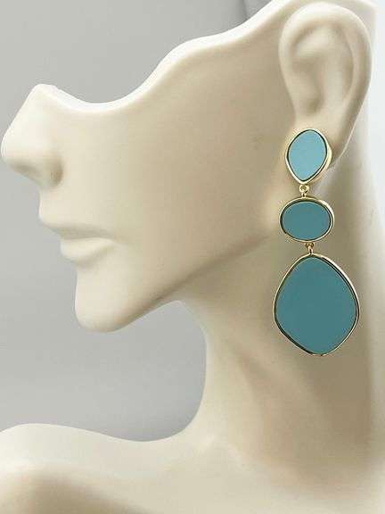 925 Gold Tone Sterling Silver Three Drop Blue Stone Earrings
