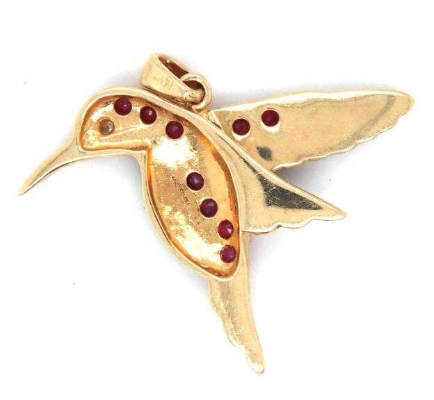 14kt Yellow gold ruby and enamel bird pendant