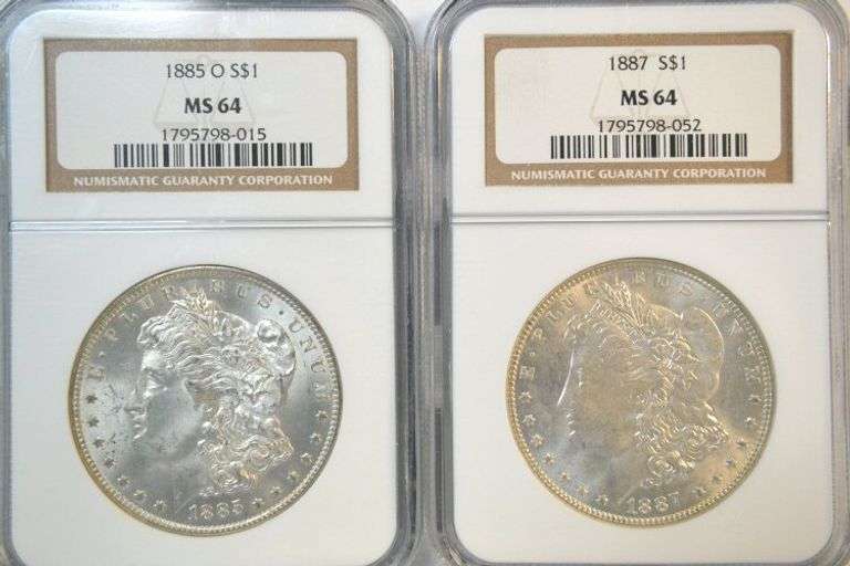 Near Gem BU 1885-O & 1887 Morgan Silver Dollars. NGC MS64