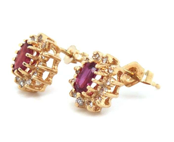 14kt Yellow gold Garnet and diamond halo earrings