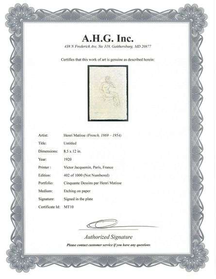 Very rare Henri Matisse etching signed in the plate, C.1920, from the series of Cinquante Dessins