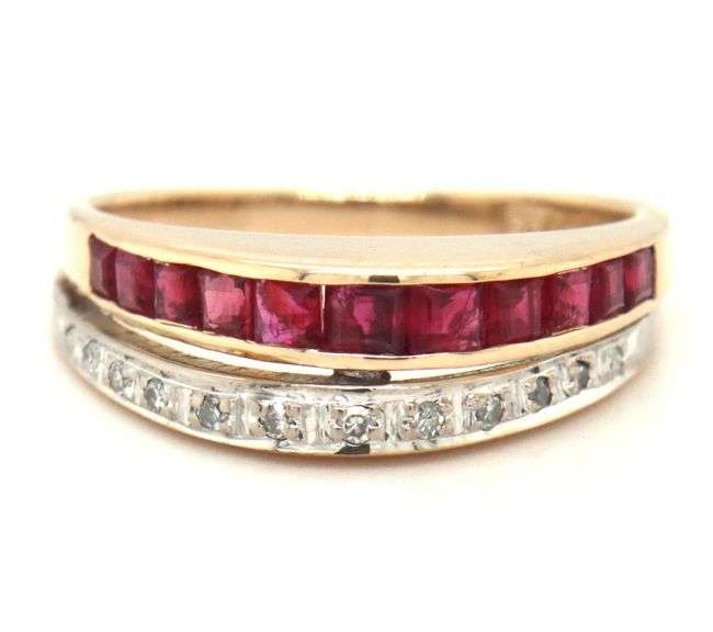 14kt Yellow gold square ruby and diamond 2 row dome ring