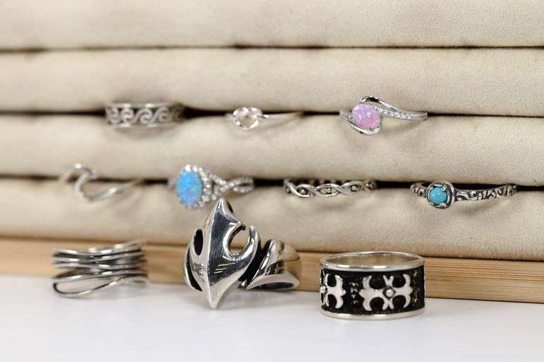 .925 Sterling Silver Curated Ring Lot of 10 Rings Various Sizes & Styles