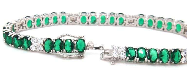 925 Sterling silver oval green cubic zirconia and round white cubic zirconia tennis bracelet