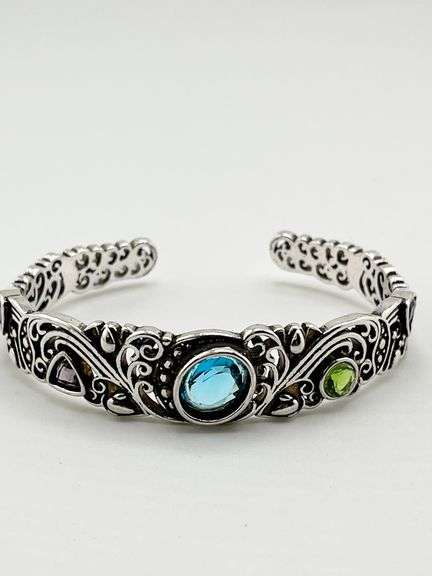 925 Sterling Silver Filigree Design Multi Volor Gemstone Cuff Bracelet