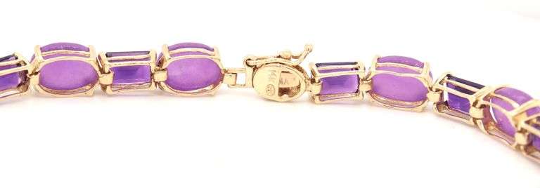 14kt Yellow gold 6ctw emerald cut amethyst and oval Jade link bracelet