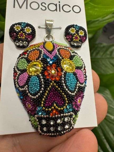 Original Handmade Mosaico Skull Earrings & Pendant 925 Sterling Silver Mexico Artistic Jewelry