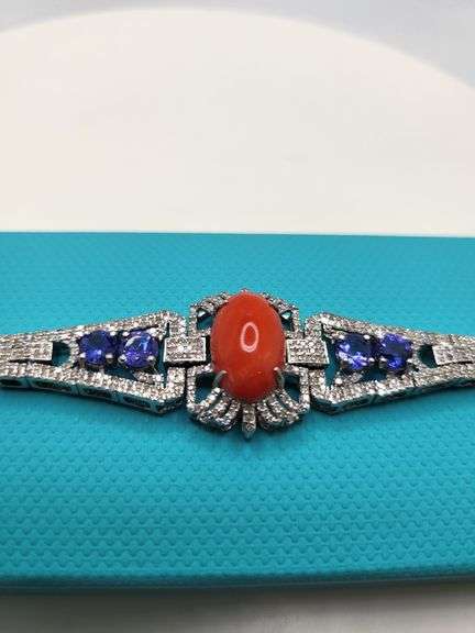 Coral and Tanzanite Silver Bracelet with Diamond Accents