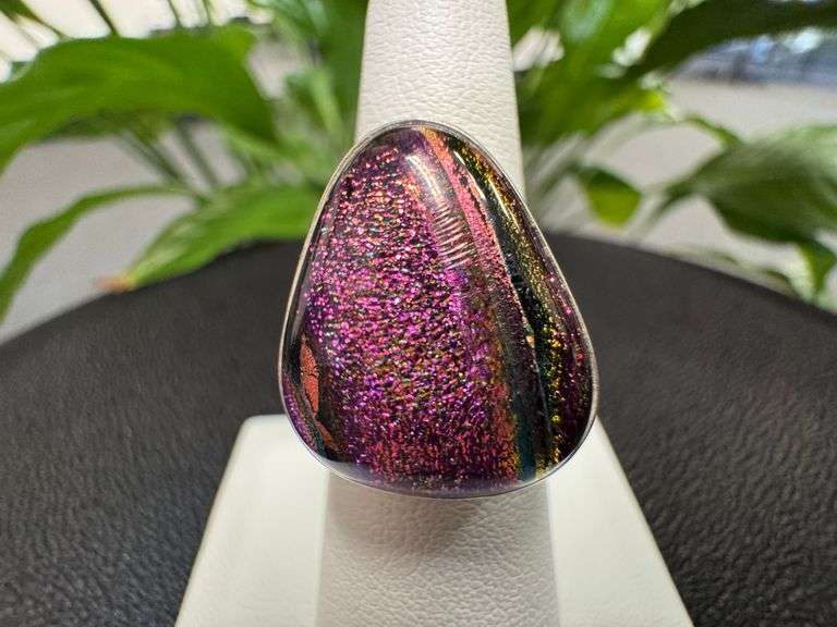 Sterling Silver 925 One of a Kind Dichroic Glass Ring Size 6.25