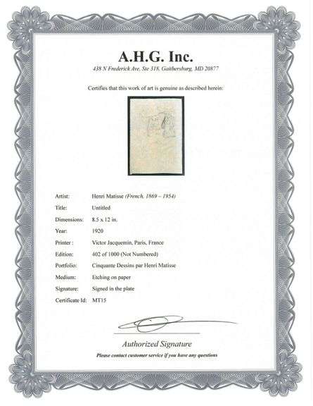 Very rare Henri Matisse etching signed in the plate, C.1920, from the series of Cinquante Dessins