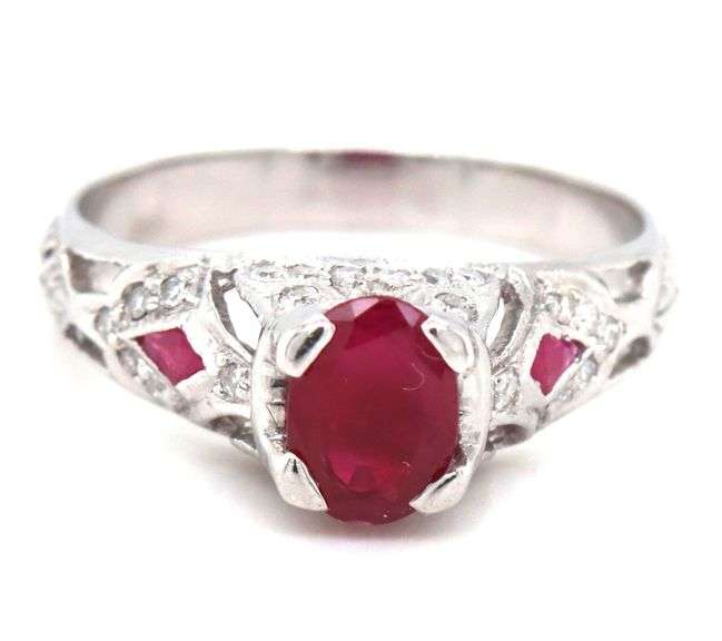 10kt White gold oval ruby and diamond vintage style ring