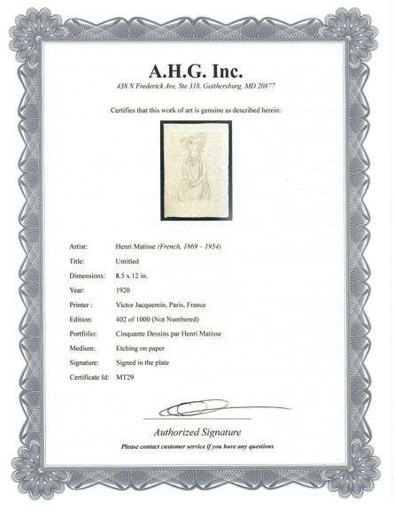 Very rare Henri Matisse etching signed in the plate, C.1920, from the series of Cinquante Dessins