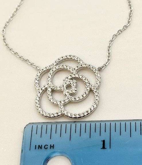 925 Sterling Silver Crystal Pave Camelia Flower Pendant