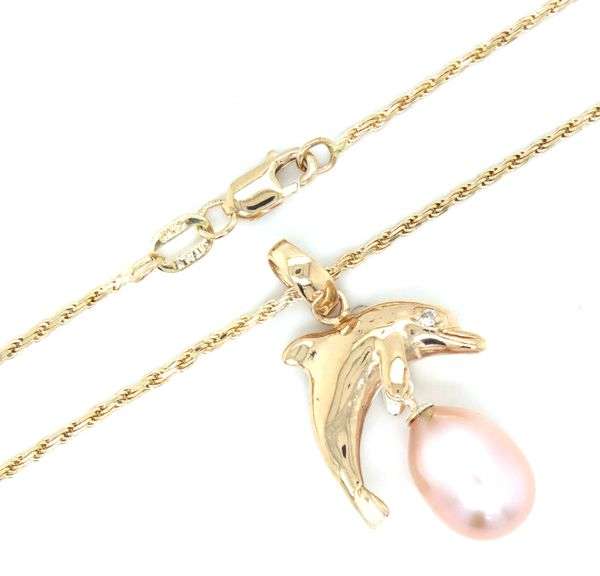 14kt Yellow gold Wyland Dolphine 8mm pink pearl diamond eye pendant on rope chain