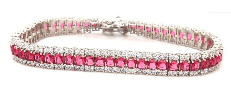 925 Sterling silver red and white cubic zirconia link bracelet