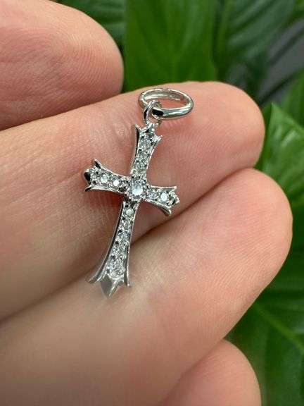 Rhodium Plated 925 Sterling Silver Moissanite Encrusted Fleur-De-Lis Cross