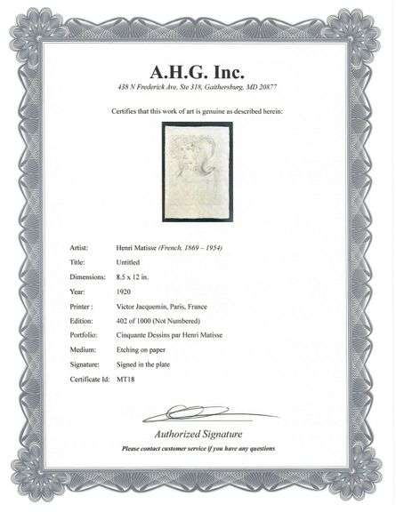 Very rare Henri Matisse etching signed in the plate, C.1920, from the series of Cinquante Dessins