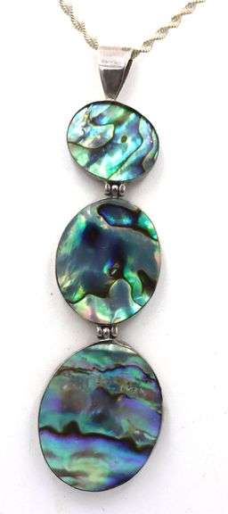 Vintage 925 sterling silver triple drop abalone shell pendant on chain