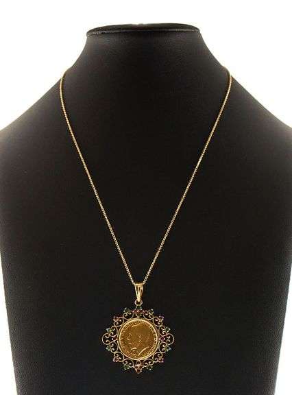 British Gold Sovereign Coin in Emerald and Ruby Frame Pendant Necklace in 18K and 22K