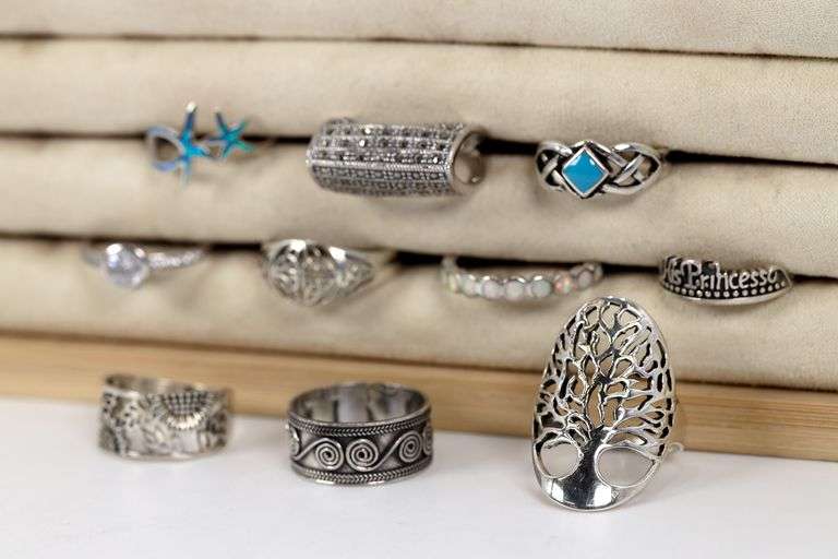 Sterling Silver .925 Curated Lot of 10 Rings Various Sizes & Styles